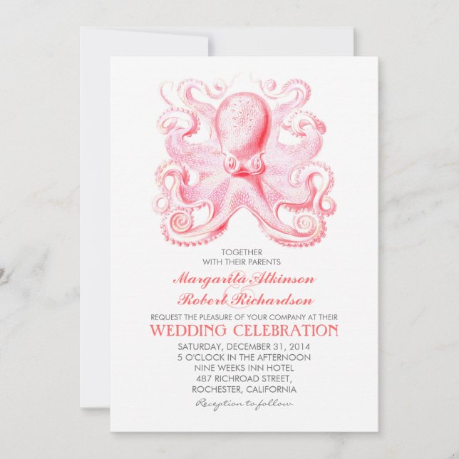 nautical beach wedding invitation with octopus (Front)