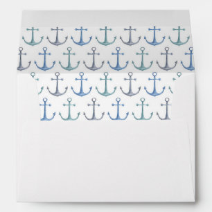 Nautical beach wedding. Watercolor blue anchors Envelope