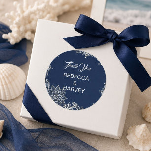 nautical beach white lace navy blue wedding classic round sticker