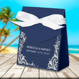 nautical beach white lace navy blue wedding favour box
