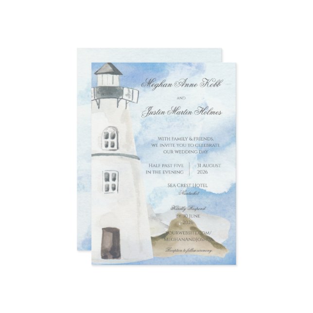 Nautical Beach with Lighthouse Invitation (Front/Back In Situ)