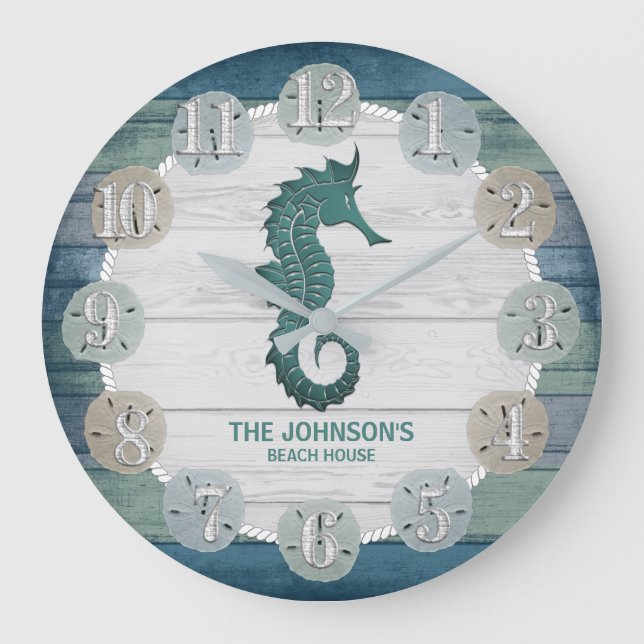 Nautical Beach Wood and Seahorse - Dark Blue Teal  Large Clock (Front)