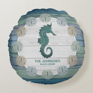 Nautical Beach Wood and Seahorse - Dark Blue Teal Round Cushion