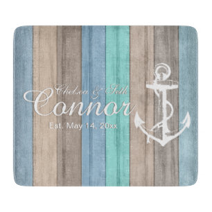 Nautical Beach Wood Stripes & Anchor Cutting Board