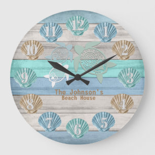 Nautical Beach Wood with Turtles & Shells Large Clock