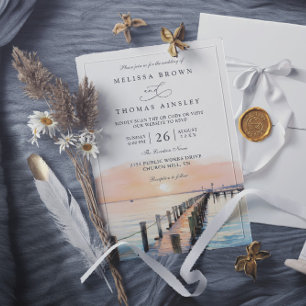 Nautical Beachside Orange Sunset QR Code Wedding Invitation