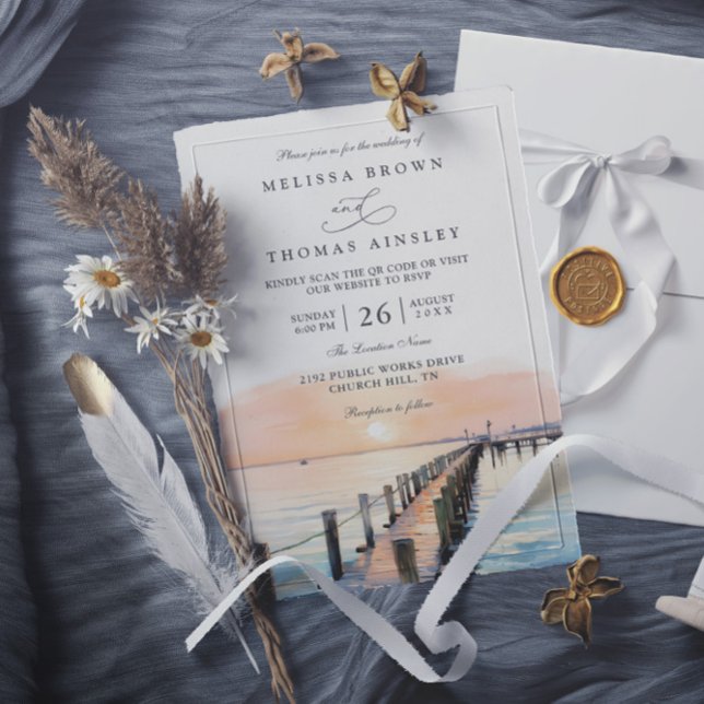 Nautical Beachside Orange Sunset QR Code Wedding Invitation (Creator Uploaded)