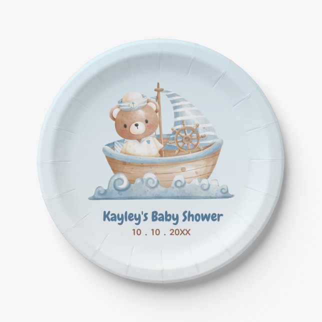 Nautical Bear Boy Baby Shower Paper Plates (Front)