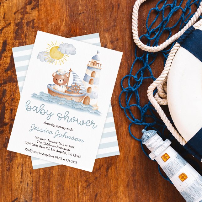 Nautical Bear Watercolor Boat Baby Shower  Invitation (Creator Uploaded)