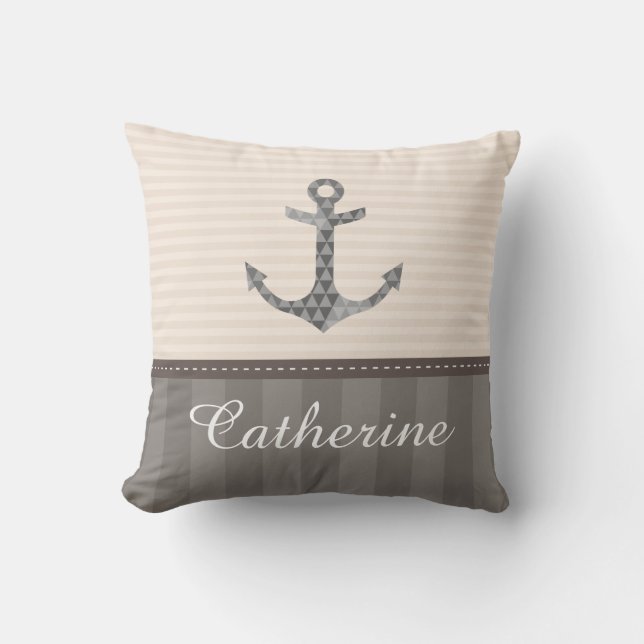 Nautical Beige and Brown  Anchor Custom Name Cushion (Front)