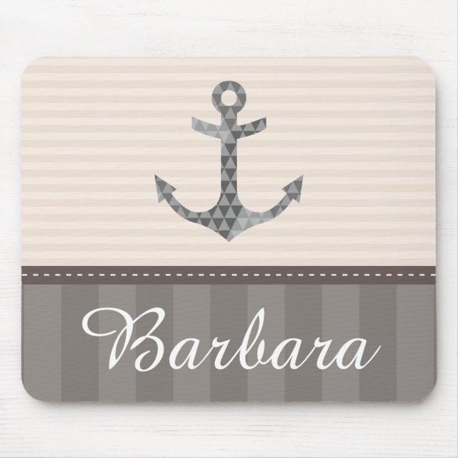 Nautical Beige and Brown Anchor Custom Name Mouse Pad (Front)