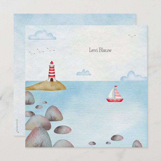 Nautical Birth Card With Sea & Fire Tower (Front/Back)
