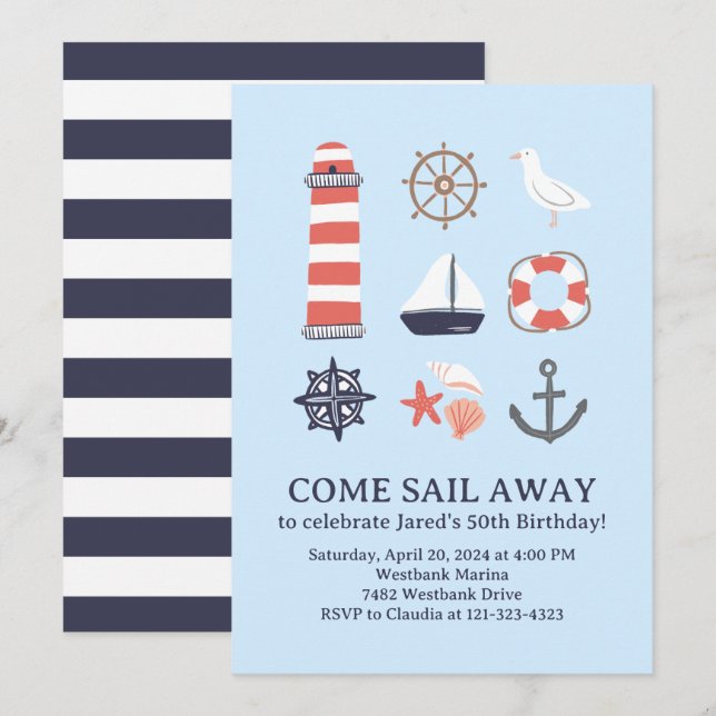 Nautical Birthday Invitation for Adults or Kids (Front/Back)