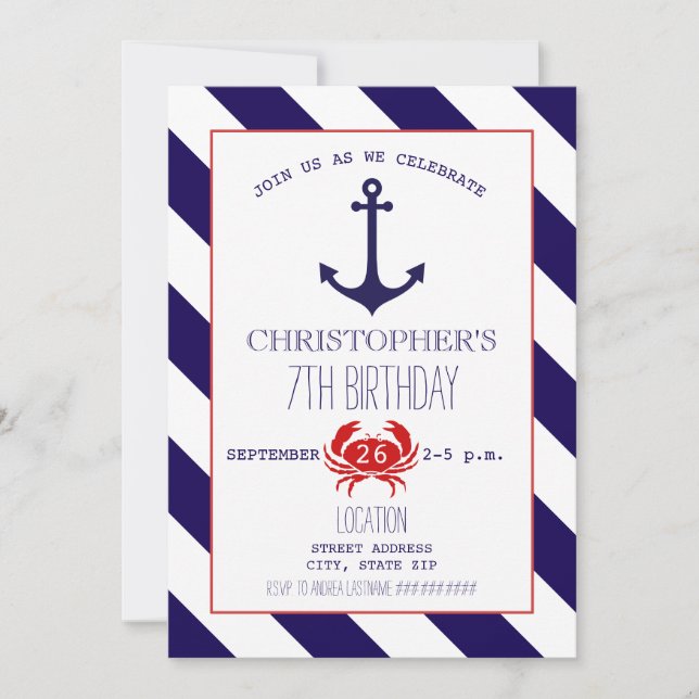 Nautical Birthday Party - Anchor + Crab Invitation (Front)