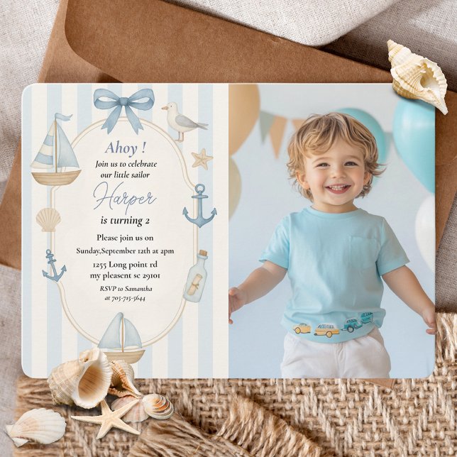 Nautical Birthday Photo | Pastel Blue Sailboat Invitation (Creator Uploaded)