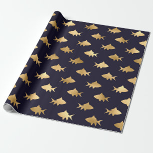 Nautical Black and Gold Fish Pattern Wrapping Paper