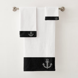Nautical Black And White Anchor Banded  Bath Towel Set