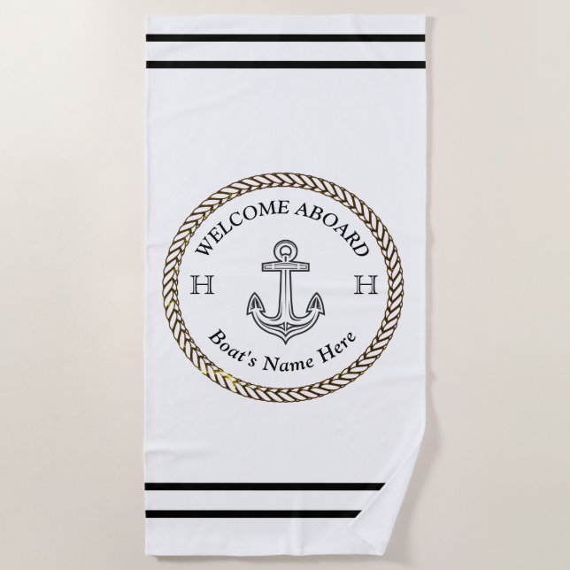 Nautical Black and White Boat Name Anchor Rope Beach Towel (Front)
