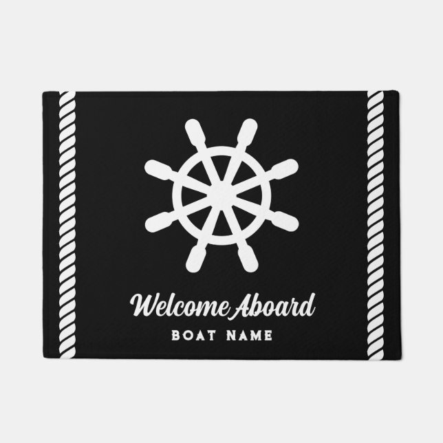 Nautical black and white Custom Boat Name Welcome  Doormat (Front)