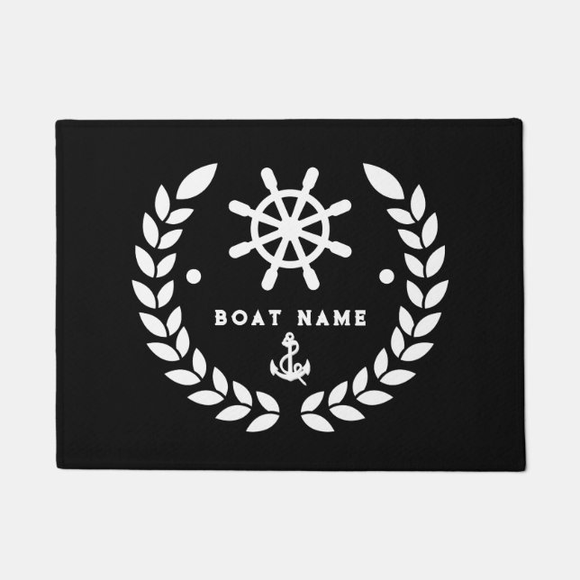 Nautical black and white Custom Boat Name Welcome  Doormat (Front)