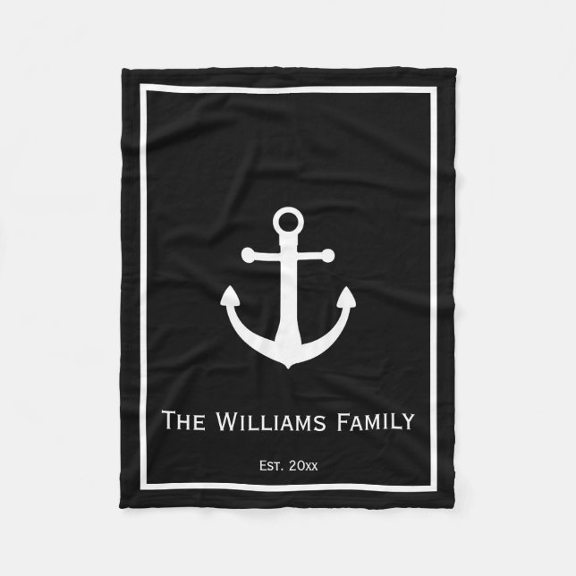 Nautical Black and White Family Name Established Fleece Blanket (Front)