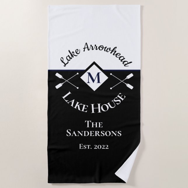 Nautical Black and White Monogram Lake House Beach Towel (Front)