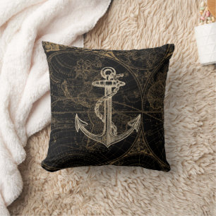 Nautical Black Beige Anchor World Map Cushion