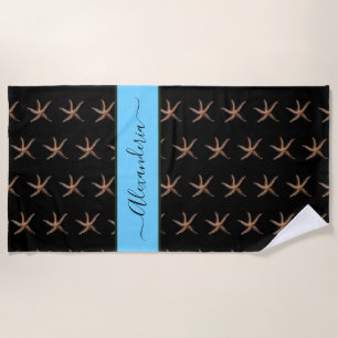Nautical Black blue Starfish Personalised Beach Towel