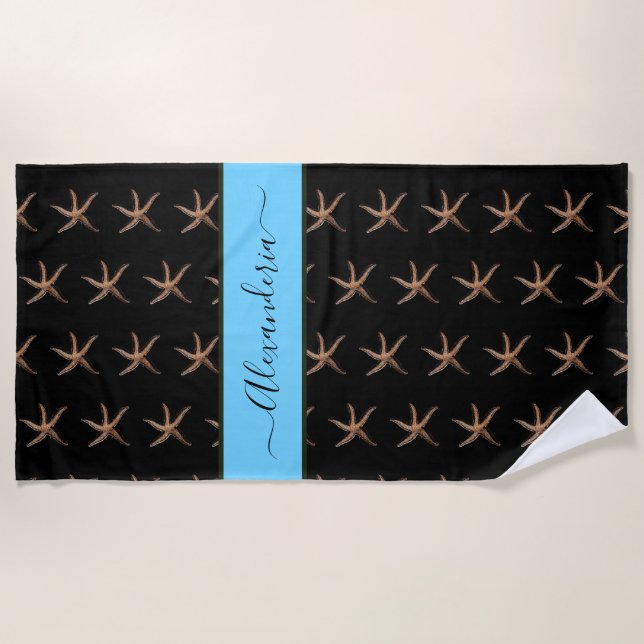Nautical Black blue Starfish Personalised Beach Towel (Front)