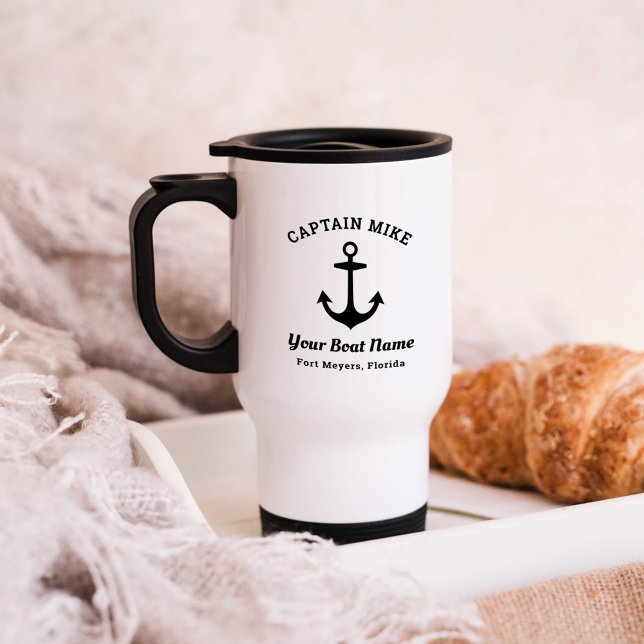 Nautical Black Custom Captain Boat Name Travel Mug (Creator Uploaded)