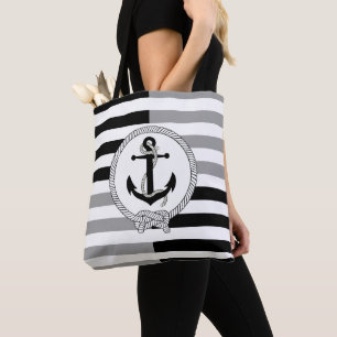 Nautical black ship anchor, black grey stripe tote bag