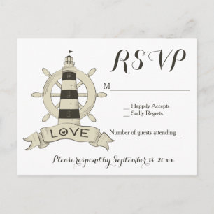 Nautical Black Tan RSVP Lighthouse Wheel Wedding Invitation Postcard