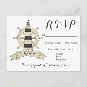 Nautical Black Tan RSVP Lighthouse Wheel Wedding Invitation Postcard