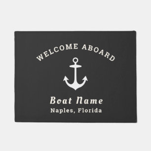 Nautical Black Welcome Aboard Boat Name Anchor Doormat