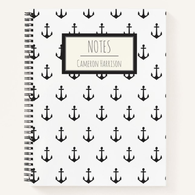 Nautical Black White Anchor Pattern Personalised Notebook (Front)