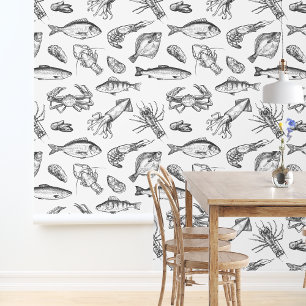 Nautical Black & White Seafood Pattern Kitchen Wallpaper