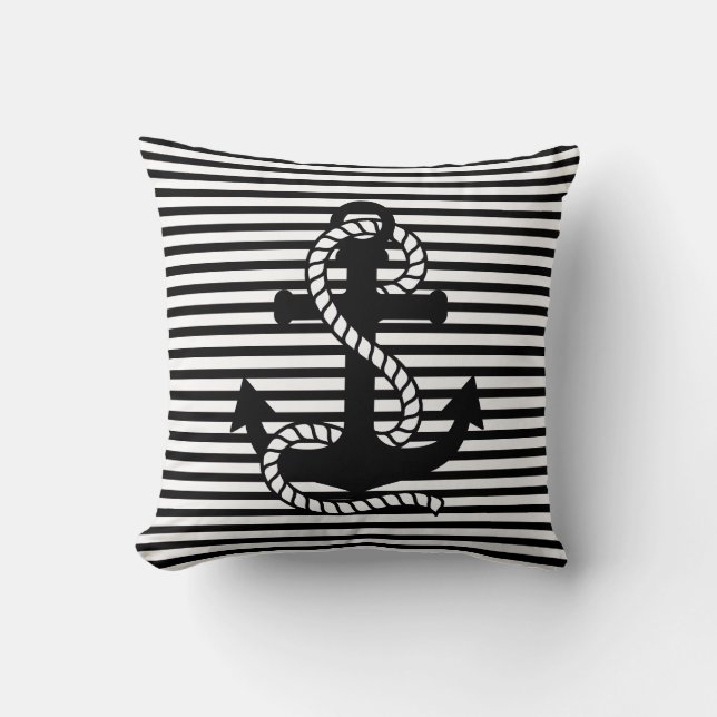 Nautical Black White Stripes and Black Anchor Cushion (Front)