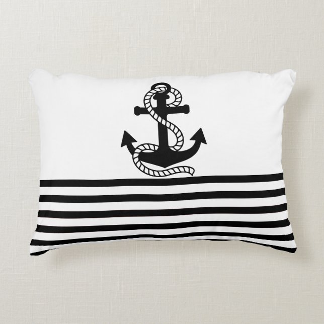 Nautical Black White Stripes and Black Anchor Decorative Cushion (Front)