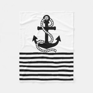 Nautical Black White Stripes and Black Anchor Fleece Blanket