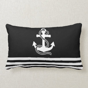 Nautical Black White Stripes and Black Anchor Lumbar Cushion