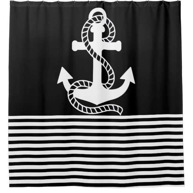 Nautical Black White Stripes and Black Anchor Shower Curtain (Front)