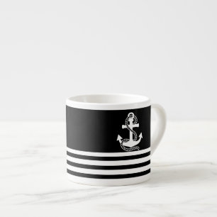 Nautical Black White Stripes and White Anchor Espresso Cup