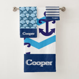 Nautical Blue Anchor Bathroom Ocean Custom Name Bath Towel Set