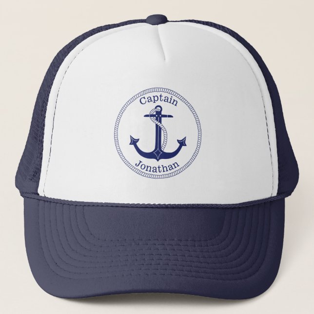 Nautical Blue Anchor Captain Personalised Trucker Hat (Front)