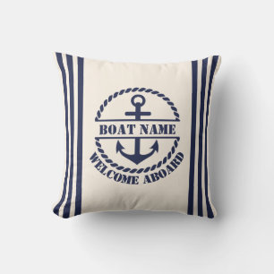 Nautical Blue Anchor Custom Boat Name Throw Pillow