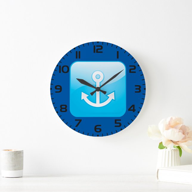 Nautical Blue Anchor Icon Modern Maritime  Large Clock (Creator Uploaded)