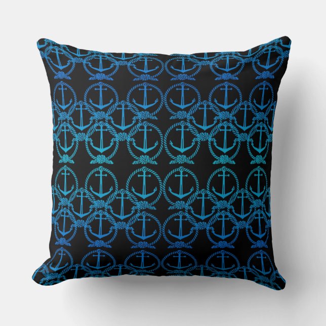 Nautical Blue Anchor Motif Throw Pillow (Front)