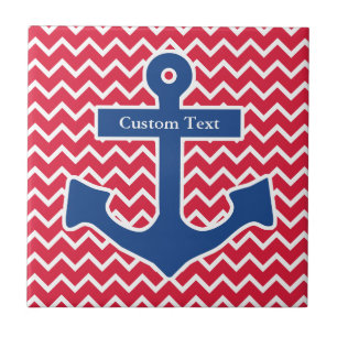 Nautical Blue Anchor on Red Chevron Background Ceramic Tile