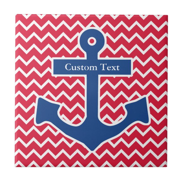 Nautical Blue Anchor on Red Chevron Background Ceramic Tile (Front)