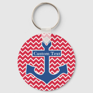 Nautical Blue Anchor on Red Chevron Background Key Ring